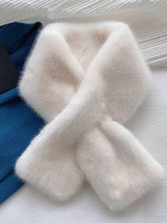 1pc Plush Korean Style Thick Solid Color Faux Rabbit Fur Cross Neck Warmer Scarf, Autumn/Winter