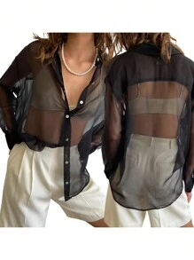 Womenacute;s Blouse, Lapel Collar Long Sleeve Button-Down See-Through Loose Shirt for Ladies - Negro - Ver 4