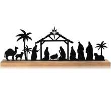 1 pièce Scène de Nativité en métal noir avec base en bois Figurines de la Nativité Décorations pour Noël Décorations de table de Noël, Fournitures pour fête, Décorations d'intérieur