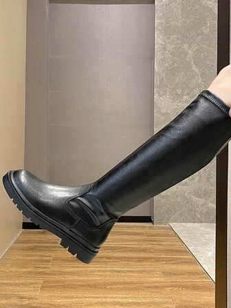 女士中筒靴，2025 年新款时尚圆头平底休闲高筒靴，修身时尚