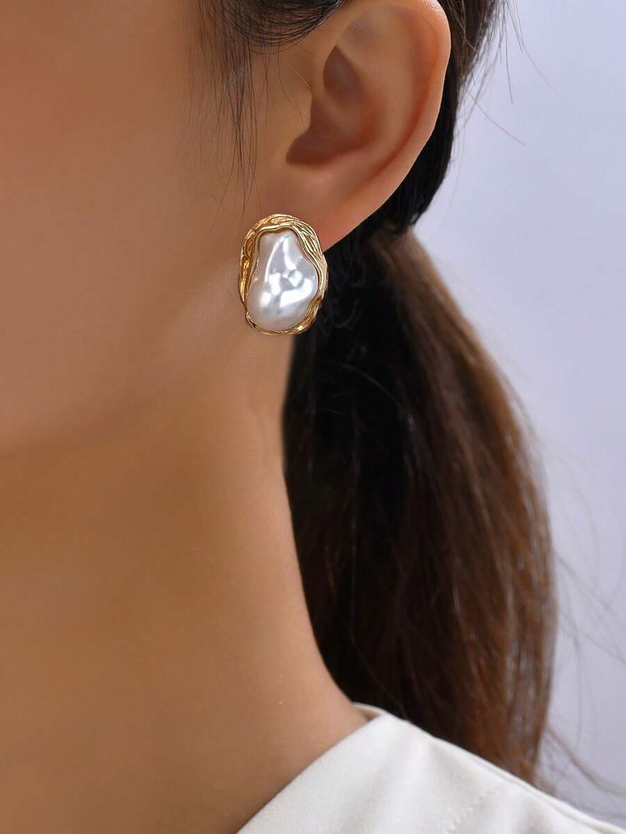1 Cặp Hoa tai xếp ly hình học ngọc trai giả bất đối xứng tối giản, thích hợp cho vũ hội, kỳ nghỉ, tiệc tùng và đeo hàng ngày cho phụ nữ - Nhiều màu - Xem 1