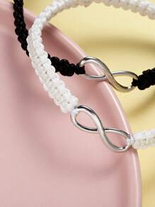 1 Cặp Vòng Tay May Mắn Vô Cực/Vô Tận Được Dệt Thủ Công - Đen và trắng - Xem 2