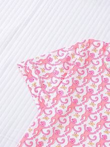 2 sztuki/zestaw Zestaw damskiej bielizny nocnej z nadrukiem małpy, wygodny top z krótkim rękawem i luźne elastyczne spodnie, swobodna, minimalistyczna piżama i odzież domowa na zewnątrz, dwuczęściowy zestaw