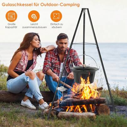 15/30 L Goulash Pot With Tripod And Spoon, Original Hungarian Goulash Kettle, With Height-Adjustable Chain, With Ground Spikes, Kettle Goulash Pot Set, Enamel