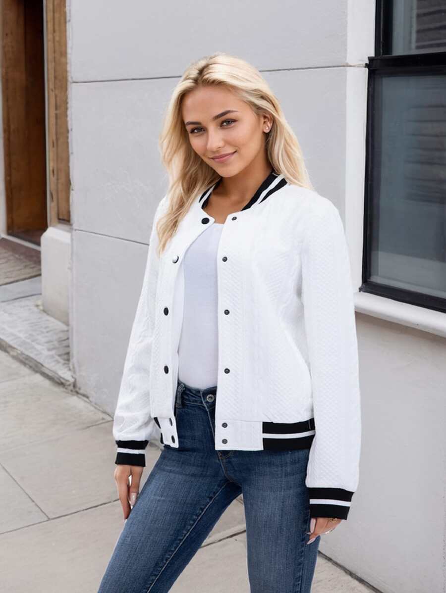 Women's Lightweight Baseball Jacket - Versatile Stitching Fabric Outerwear With Multi-Fabric Options And Unique Patterns - white2 - View 1