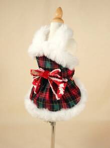 1pc vestido xadrez vermelho de natal para animais de estimação, roupa de outono/inverno para cães e gatos