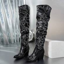 Fashionable Square Toe Chunky Heel Cowgirl Boots Western Embroidered Vintage Over-The-Knee Riding Boots,Match With Skirt