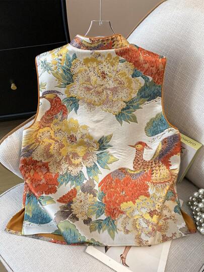 Spring Vintage Chinese Style, Orange Phoenix Printed, Random Print, Daily Vest Cardigan, For Chinese Newyear Hanfu Tops