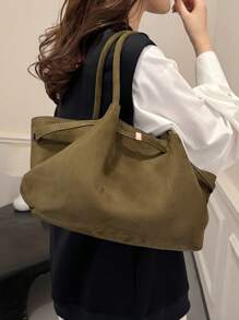 1 pièce Sac à bandoulière en tissu de suédine de couleur unie, sac fourre-tout vintage à grande capacité pour femmes, décoration de sangle, fermeture magnétique, sac à main avec design à double poignée, fermeture à pression, convient pour les voyages, les achats, les rendez-vous, les cadeaux pour femmes, convient aux adolescentes, aux étudiantes, aux débutantes et aux employées de bureau, parfait pour le bureau, le campus, le travail, les affaires, les déplacements, l'extérieur, les voyages, les sorties - Vert - Voir 6