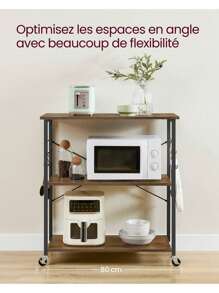 VASAGLE Étagère de Cuisine à Roulettes, Chariot à 3 Niveaux, Support pour Micro-Ondes, Four, Grille-Pain, Cadre Métallique avec 6 Crochets, Marron Rustique et Noir - Tabac - Voir 3