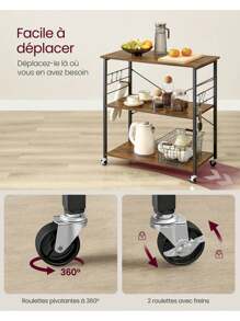 VASAGLE Étagère de Cuisine à Roulettes, Chariot à 3 Niveaux, Support pour Micro-Ondes, Four, Grille-Pain, Cadre Métallique avec 6 Crochets, Marron Rustique et Noir - Tabac - Voir 4