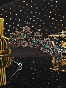 1pc Queen Crown & Headpiece Princess Crown, Crystal Headpiece Suitable For Women & Girls, Ideal For Brides, Princesses To Wear At Weddings & Parties - Dark Green - View 10