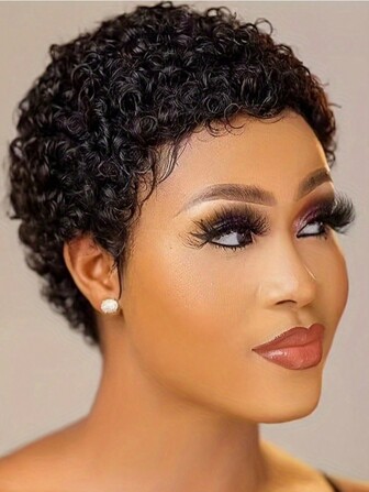 Peluca corta con corte pixie y rizos crespos hecha de cabello humano brasileño para mujeres, peluca corta negra afro con rizos crespos y rulos de cabello humano, peluca rizada africana de color 1B totalmente hecha a máquina y sin pegamento.