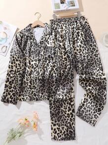 2 Pcs/Set Women Satin Leopard Print Pajama Set, Long Sleeve Button Shirt And Pants, Casual Loungewear For Autumn - Bronze - View 1