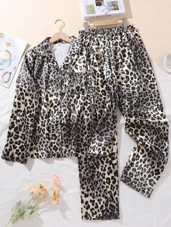 2 szt./zestaw damski satynowy zestaw piżamowy z nadrukiem w panterkę, koszula z długim rękawem i spodnie, swobodny strój wypoczynkowy na jesień