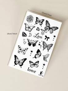 1 Stück halbpermanenter magischer Tattoo-Aufkleber mit Kräutersaft, Schmetterling, Blumen, handgeschriebenem "Love" Muster, Festival Geschenk, Musikfestival Party Geschenk, 7-14 Tage wasserfest, verschmierungsfest temporäres Tattoo für Finger, Arm, Schulter, Hals, Schlüsselbein - Blau - Übersicht 8