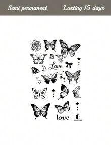 1 Stück halbpermanenter magischer Tattoo-Aufkleber mit Kräutersaft, Schmetterling, Blumen, handgeschriebenem "Love" Muster, Festival Geschenk, Musikfestival Party Geschenk, 7-14 Tage wasserfest, verschmierungsfest temporäres Tattoo für Finger, Arm, Schulter, Hals, Schlüsselbein - Blau - Übersicht 5