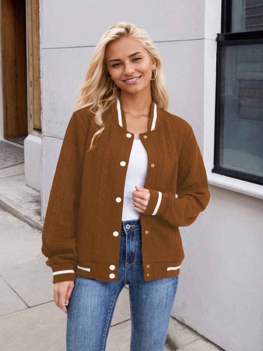 Women's Lightweight Baseball Jacket - Versatile Stitching Fabric Outerwear With Multi-Fabric Options And Unique Patterns - Camel 2 - View 1