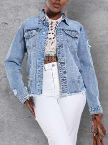 Single-Breasted Motorcycle Jacket With Flip Pocket, Casual Blue Denim Jacket, Long-Sleeved Denim Jacket With Raw Lapels, Women's Denim Jeans And Clothing. - 淺色水洗藍 - 查看 2