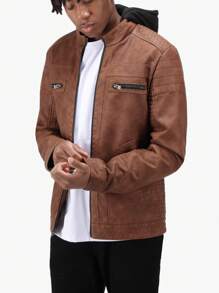 Men's PU Leather Jacket With Hood And Faux Shearling Lining - 譚 - 查看 4