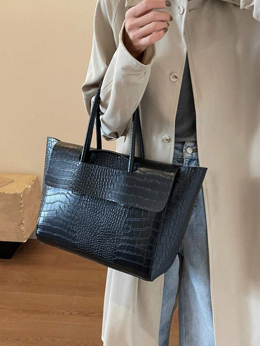 纯色 PU 鳄鱼压纹简约大容量女士手提单肩包,引人注目的女士工作包 - 黑色 - 查看 1