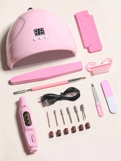 LULAA 15-Piece Nail Care Set: UV/LED Nail Lamp, Nail Polish Remover, Nail Drill, Drill Bit, Extension Glue Pen, Nail Powder Brush, Silicone Cuticle Pusher, Finger Separator, Buffing Block