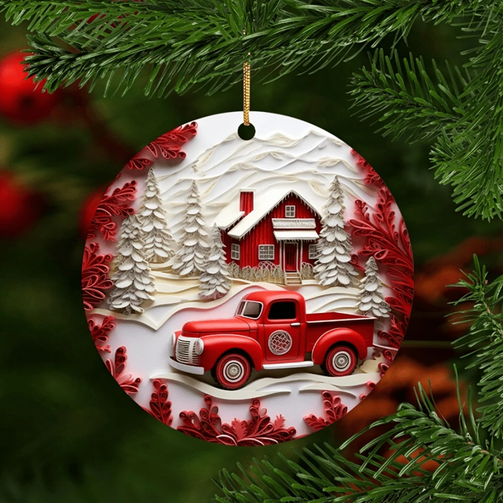 1 đồ trang trí ngày lễ bằng acrylic tròn cổ điển với thiết kế xe tải đỏ cổ điển và cabin tuyết, treo trên cây thông Noel, thích hợp cho Giáng sinh và Lễ Tạ ơn, món quà lý tưởng cho gia đình và bạn bè - Nhiều màu - Xem 1