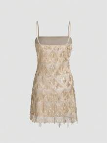 Women's Glitter Spaghetti Strap Formal Evening Party Dress - لون مشمشي - مشاهدة 2