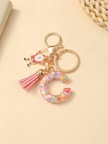 1pc Christmas Santa Claus Key Chain With Alphabet Resin Charm & Butterfly Tassel, For Girls - Pink - View 17