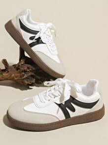 Women's Spring/Autumn New Round Toe Low-Top Casual Slip-On Sneakers, Waterproof Non-Slip Easy To Clean, Comfortable Versatile Small White Shoes With Contrast Color, Retro Style Flat Board Shoes Black White Grey