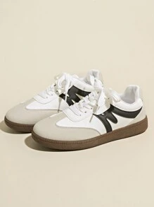 Women's Spring/Autumn New Round Toe Low-Top Casual Slip-On Sneakers, Waterproof Non-Slip Easy To Clean, Comfortable Versatile Small White Shoes With Contrast Color, Retro Style Flat Board Shoes Black White Grey