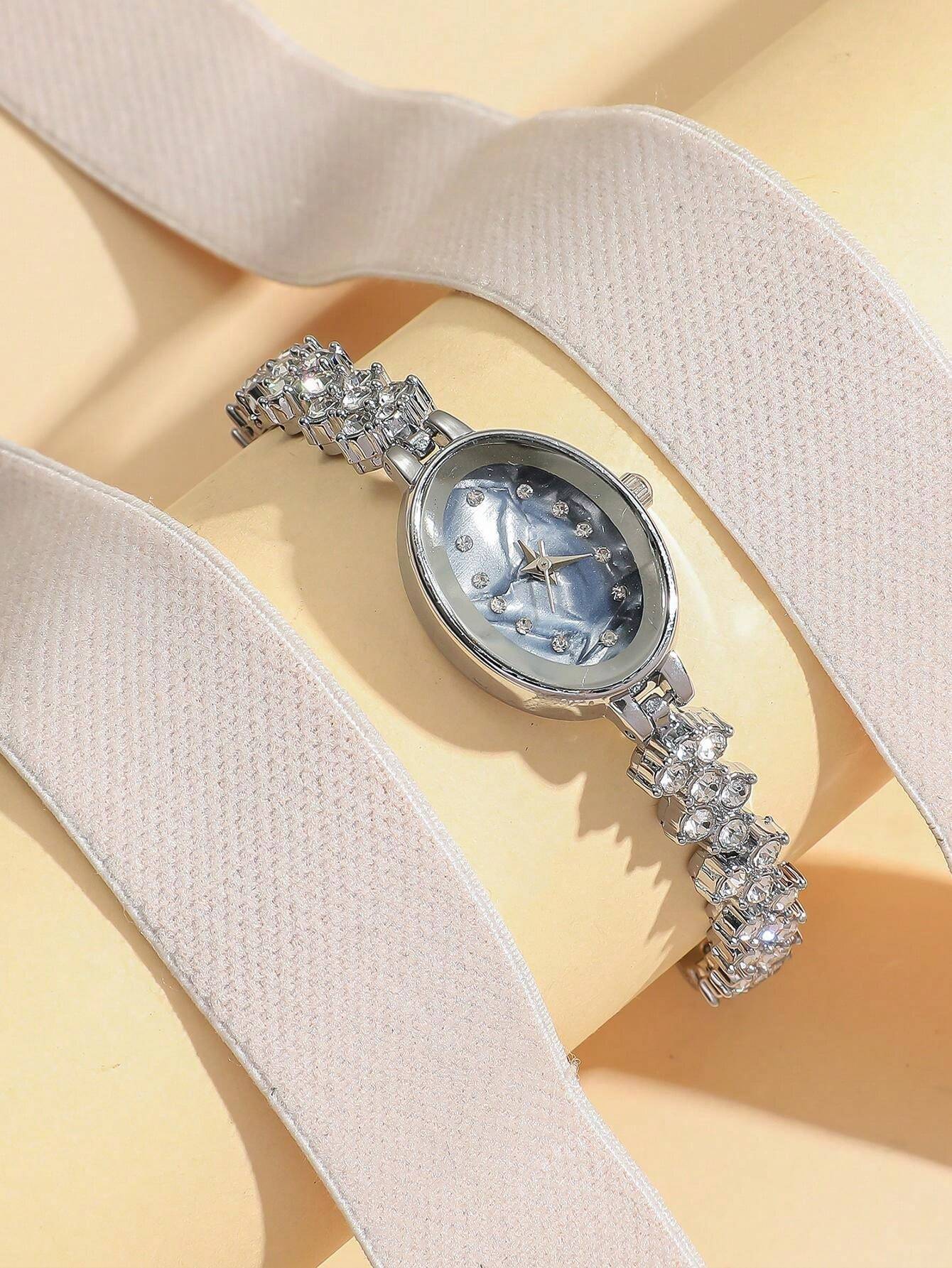 1pc Fashionable Crystal Bezel Ellipse Dial Quartz Watch With Stainless