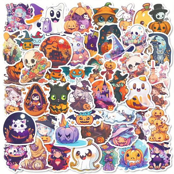 50 peças de adesivos fofos de desenho animado - abóbora, morcego, castelo e designs para garrafas de água e laptops faça você mesmo, decalques autoadesivos reutilizáveis
