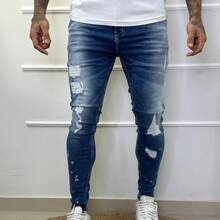 Skinny Jeans Medium Ripped Men's Fashion Casual - 中等水洗藍 - 查看 1