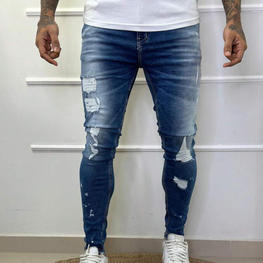 Skinny Jeans Medium Ripped Men's Fashion Casual - 中等水洗藍 - 查看 1