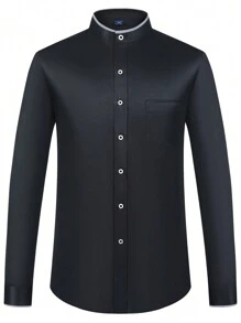 Audmroton Men's Banded Collar Dress Shirts Long Sleeve Button Down Mandarin Collar Versatile Shirt Solid Shirt With Pocket - 黑色 - 查看 1