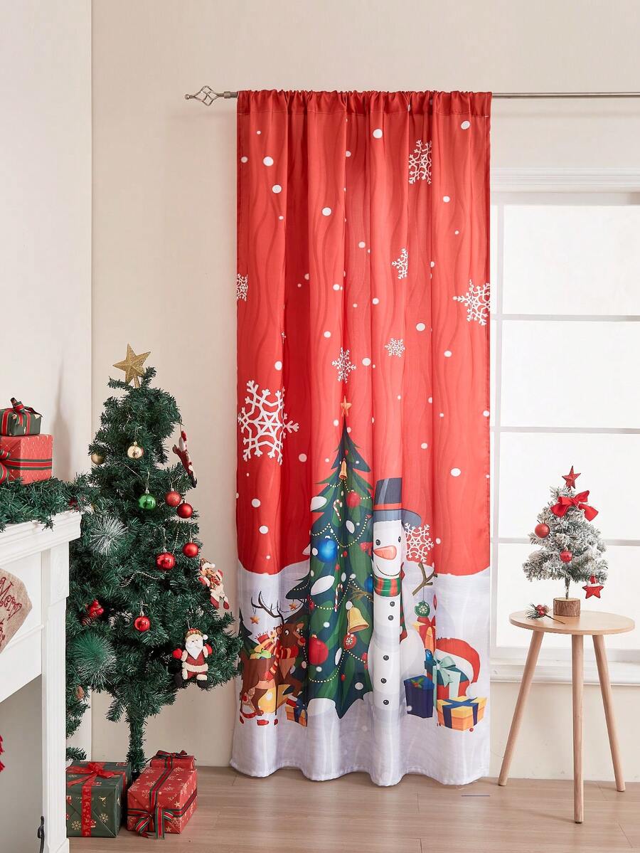 1 件圣诞红色圣诞树和雪人印花窗帘，圣诞主题印花窗帘，适合圣诞派对、家庭客厅厨房卧室装饰 - 彩色 - 查看 1