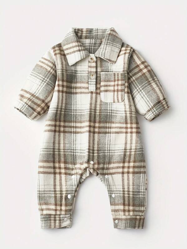 Baby Jungen/Mädchen karierter Jumpsuit, langärmiger klassischer Retro Kragen Romper, für Frühling & Herbst