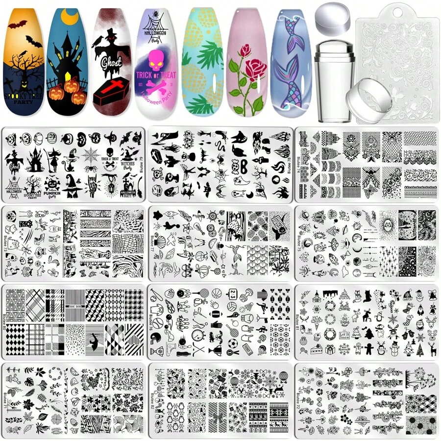 Biutee Nail Art Stamping Plate Set Nail Stamping Kit With Silicone Nail Stamper Flower Leaves Animal Lace Star Holiday Design Nail Stamp Plate Halloween Nail Stamp Template - 15PCS - View 1