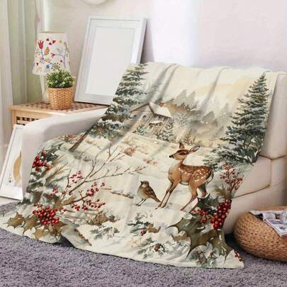 1 pezzo Coperta in flanella a tema natalizio - Disegno retrò ad inchiostro di cervo e baita di montagna, coperta morbida e confortevole in flanella con stampa digitale, il miglior regalo per casa, viaggio, pisolino in ufficio