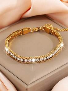 1 chiếc vòng tay chuỗi xoắn bằng thép không gỉ mạ vàng 18K sang trọng chống nước lấp lánh nhiều màu sắc trang sức cho phụ nữ - vòng tay chuỗi - Xem 5