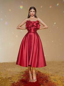 Smilprince Women's Burgundy Satin Off-The-Shoulder A-Line Knee-Length Formal Evening Gown, Elegant Prom Dress, For Wedding Guest, Graduation, Dinner - Burgundy - View 6