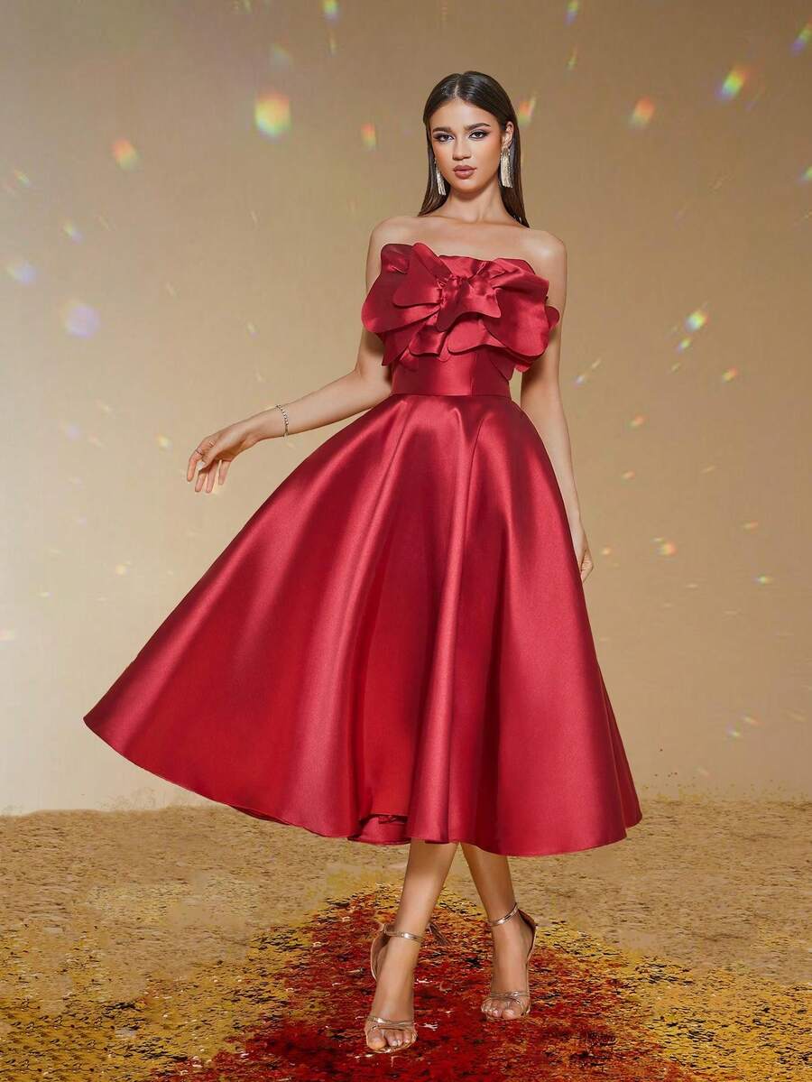 Smilprince Women's Burgundy Satin Off-The-Shoulder A-Line Knee-Length Formal Evening Gown, Elegant Prom Dress, For Wedding Guest, Graduation, Dinner - Burgundy - View 1