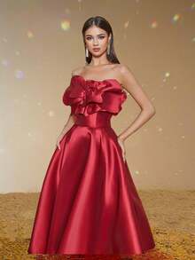 Smilprince Women's Burgundy Satin Off-The-Shoulder A-Line Knee-Length Formal Evening Gown, Elegant Prom Dress, For Wedding Guest, Graduation, Dinner - Burgundy - View 7