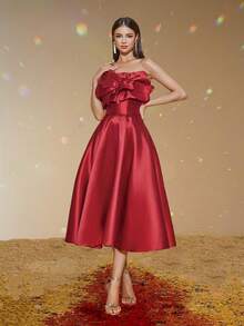 Smilprince Women's Burgundy Satin Off-The-Shoulder A-Line Knee-Length Formal Evening Gown, Elegant Prom Dress, For Wedding Guest, Graduation, Dinner - Burgundy - View 5