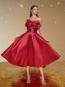 Smilprince Women's Burgundy Satin Off-The-Shoulder A-Line Knee-Length Formal Evening Gown, Elegant Prom Dress, For Wedding Guest, Graduation, Dinner - Burgundy - View 4