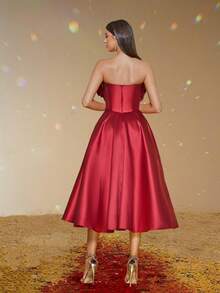 Smilprince Women's Burgundy Satin Off-The-Shoulder A-Line Knee-Length Formal Evening Gown, Elegant Prom Dress, For Wedding Guest, Graduation, Dinner - Burgundy - View 2