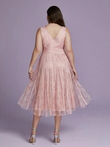 大码 V 领印花网眼抽绳高低下摆晚礼服派对礼服婚礼宾客礼服正式礼服晚礼服 - 粉色 - 查看 2