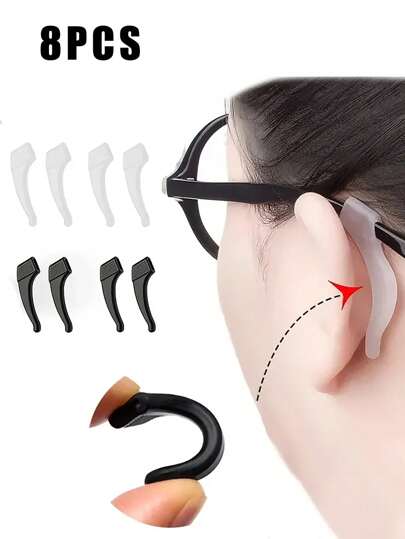 8pcs Soft Non-Slip Glasses Ear Grips, Comfortable Silicone Elastic Glasses Sleeves, Suitable For Glasses & Sports Glasses, Black And Transparent