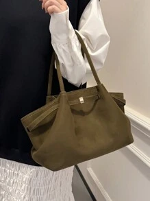 1 pièce Sac à bandoulière en tissu de suédine de couleur unie, sac fourre-tout vintage à grande capacité pour femmes, décoration de sangle, fermeture magnétique, sac à main avec design à double poignée, fermeture à pression, convient pour les voyages, les achats, les rendez-vous, les cadeaux pour femmes, convient aux adolescentes, aux étudiantes, aux débutantes et aux employées de bureau, parfait pour le bureau, le campus, le travail, les affaires, les déplacements, l'extérieur, les voyages, les sorties - Vert - Voir 5